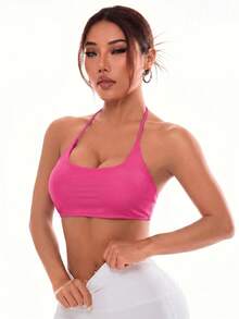 Slayform Slayform Sujetador deportivo elegante de mujer de unicolor con tirantes cruzados descubiertos en la espalda y cuello halter - Rosa Fucsia - Ver 7