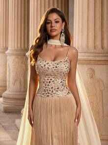 Glamrae Elegante Romántico de Moda Grácil Vestido de Fiesta Caqui con Lentejuelas Bordadas Tela de Gasa Cinta Borlas Decoración Tirantes Finos Bustier Copa Cola de Pez Elegante Vestido de Fiesta Vestido de Invitada de Boda Vestido de Despedida de Soltera Vestido de Noche Formal - Caqui - Ver 2