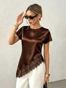 SHEIN Women's Elegant Lace Asymmetrical Hem Round Neck Casual Commuter Blouse, Workwear, Commuter, Social Top/Workplace Top, Beach, Summer Top, Outgoing - Coffee Brown - View 4