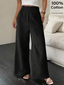 Siren Gaze Pantalones largos sueltos de cintura elástica de unicolor para mujer, adecuados para salidas diarias, reuniones, actividades al aire libre, desplazamientos, ropa de calle, vacaciones - Negro - Ver 1