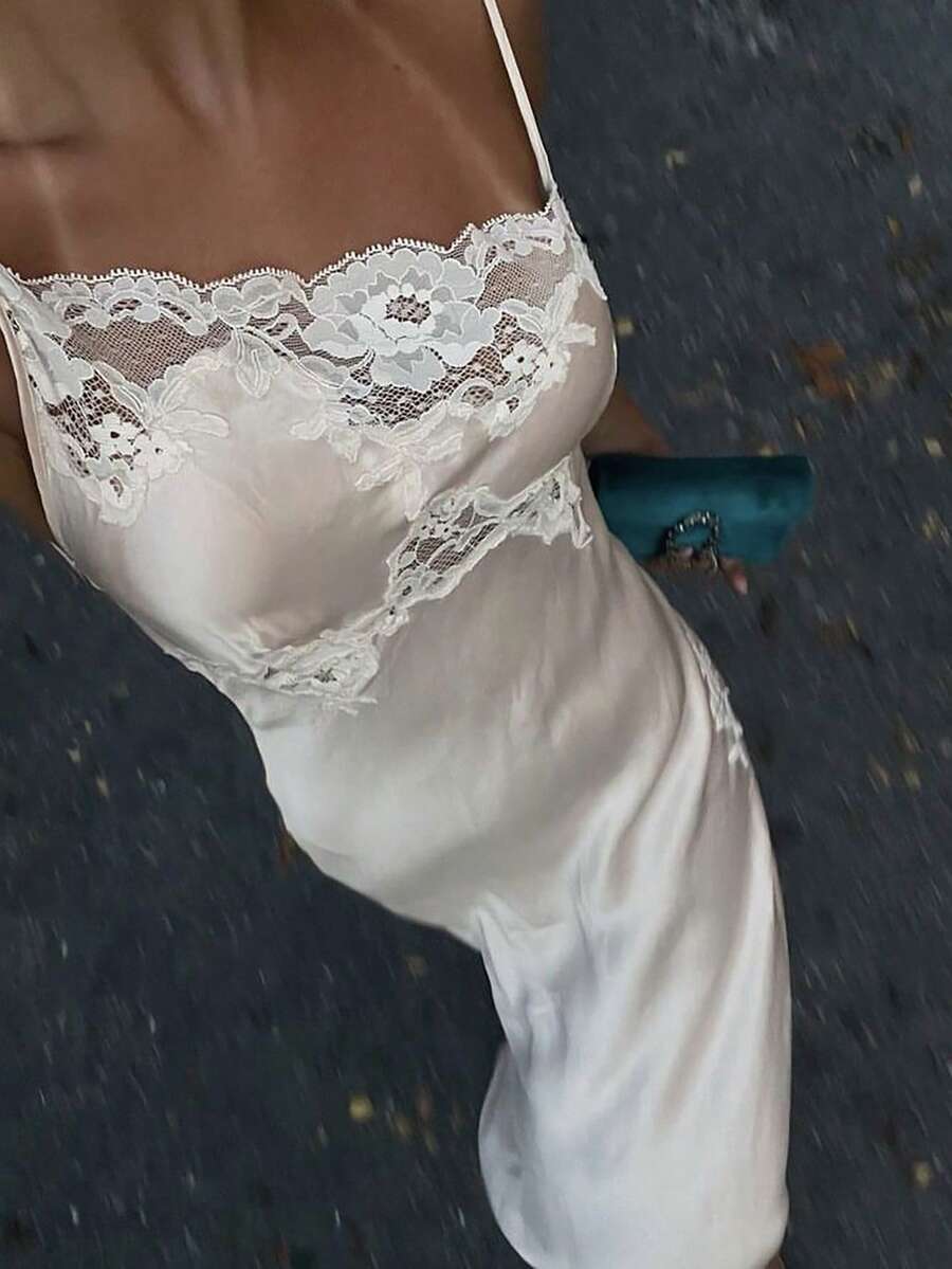 Aloruh Damen Frühlings-/Sommer Neues weißes Hochzeits-Saison Kleid mit hohem Schlitz, extra lang, Spitzen-Patchwork, asymmetrisch, sexy, mit Trägern, geeignet für Dates, Pendeln, formelle Anlässe - Weiss - Übersicht 1