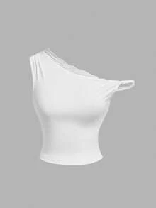 SHEIN MOD 女款蕾絲針織不對稱單肩裙與無袖打結上衣 T-shirt 兩件套 - 白色 - 查看 7