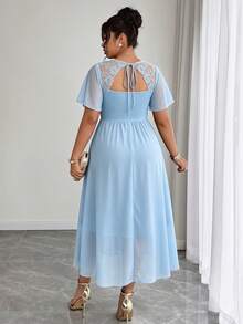 Elenzga Plus Size Women's Solid Color Chiffon Patchwork Waist-Cinched Slimming Shirred Back-Ruffle Open Back Short Sleeve Dress - Sky Blue - View 2