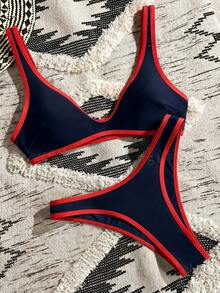 Swim Vcay Conjunto de bikini con top de tirantes con ribete en contraste y braguita de triángulo de corte alto - Multicolor - Ver 2