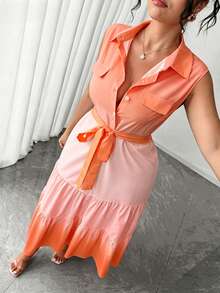 Elenzga Plus Size Women's Elegant Vintage French Style Yellow Gradient Sleeveless A-Line Maxi Dress, Suitable For Summer, Back To School, Vacation, Graduation, Holiday, Valentine's Day, Christmas, Music Festival, Mother's Day, Halloween, Thanksgiving, Easter, National Day, Prom, Birthday, Date Party, Wedding Season, Outing And More - Orange - View 3