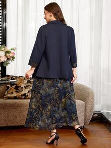 SHEIN Clasi Conjunto de chaqueta y vestido con estampado floral y patchwork en talla grande para otoño/invierno - Azul - Ver 2