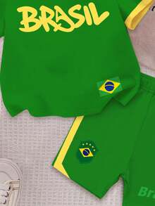 Baby Girl 2-Piece Brazil Football Team Jersey Set, National Flag & Colorful Letter Print Short Sleeve Top And Shorts, Vintage, Collegiate, Classic, Fashion, Youthful And Street Style. Smooth And Comfortable Fabric, Ideal For Match Day. 2026 World Cup Sports Fashion Match Day Football Street Style Jersey - Multicolor - View 5