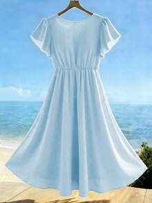 Franclia Plus Size Women's French Casual Safari Sexy Tropical Western Elegant Short Sleeve V-Neck Dress Beach Evening Vacation Baby Blue Summer - Sky Blue - View 2