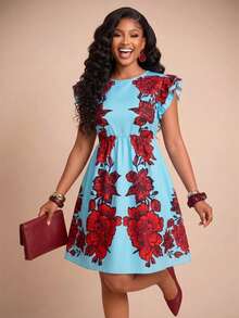 Brilight Blue Base Red Floral Print Ruffle Cap Sleeve Round Neck A Line Mini Dress Flowy Waisted Dress For Vacation Brunch Holiday Party Outfit - Blue - View 3