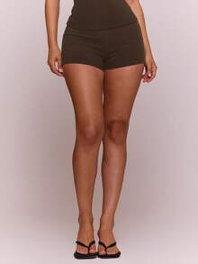 MUSERA ESSENTIALS Cotton Blended Fitted Micro Mini Shorts Spring Summer Holiday Everyday Cute Daily Basics Simple Essential - Chocolate Brown - View 3