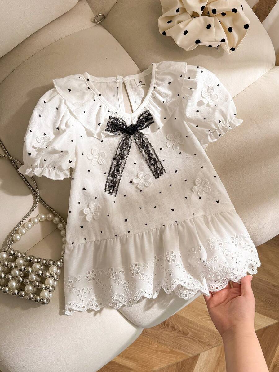 SHEIN Genkimix Kids Young Girls V-Neck Ruffle Puff Short Sleeve Front Lace Bow Hem Embroidered Simple Versatile Pastoral Academy Fashion Blouse,Back-To-School Autumn - Blue and White - View 1