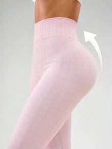SHEIN Sovereign Charm 女款格紋高腰休閒百搭日常旅行運動緊身內搭褲 - 粉色 - 查看 5
