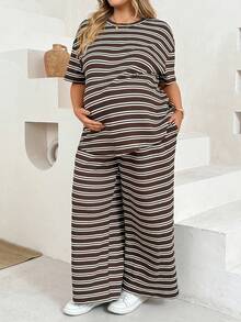Plussiva Plus Size Maternity Striped Short Sleeve Top And Adjustable Waist Long Pants Casual Daily 2 Pieces Set Post Partum Lounge Summer - Brown - View 4