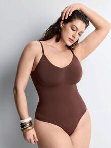 Slumbrini 1pc Women Plus Size Seamless Butt Lifting Bodysuit, Shapewear Thong, Summer - Brown - View 7
