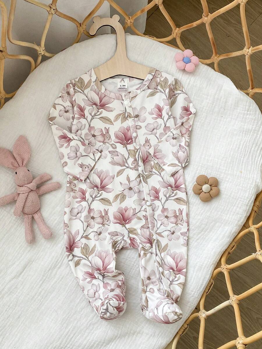 SHEIN Newborn Baby Girl Cute Floral Print Knitted Soft Casual Kawaii Round Neck Long Sleeve Footed Romper, Valentine's Day Outfit Gift Light Pink Autumn - Multicolor - View 1