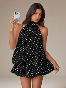 SHEIN Tall 女款優雅波點印花掛脖露背迷你洋裝 - 黑色 - 查看 4