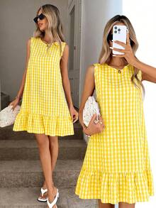 SHEIN Teen Girl Teen Girls Dresses, Casual Vacation Spring/Summer Fashion Cute Round Neck Yellow & White Plaid Loose A-Line Patchwork Ruffle Sleeveless Doll Dress - Yellow - View 2