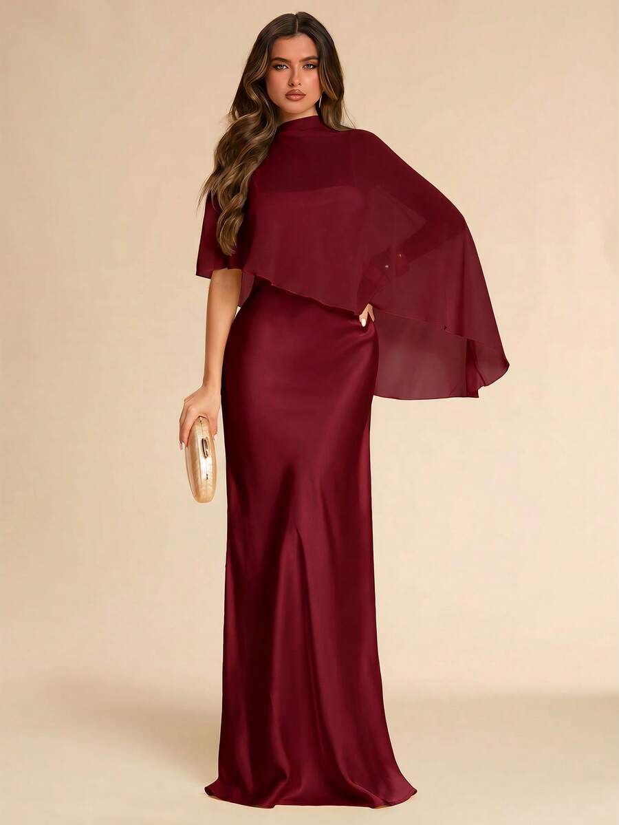 SHEIN BAE Spring/Summer Red Wine Satin Chiffon Shawl 2 Pieces Dress, Luxury Elegant Evening Gown Wedding Formal Mother Of The Bride Professional - Burgundy - View 1