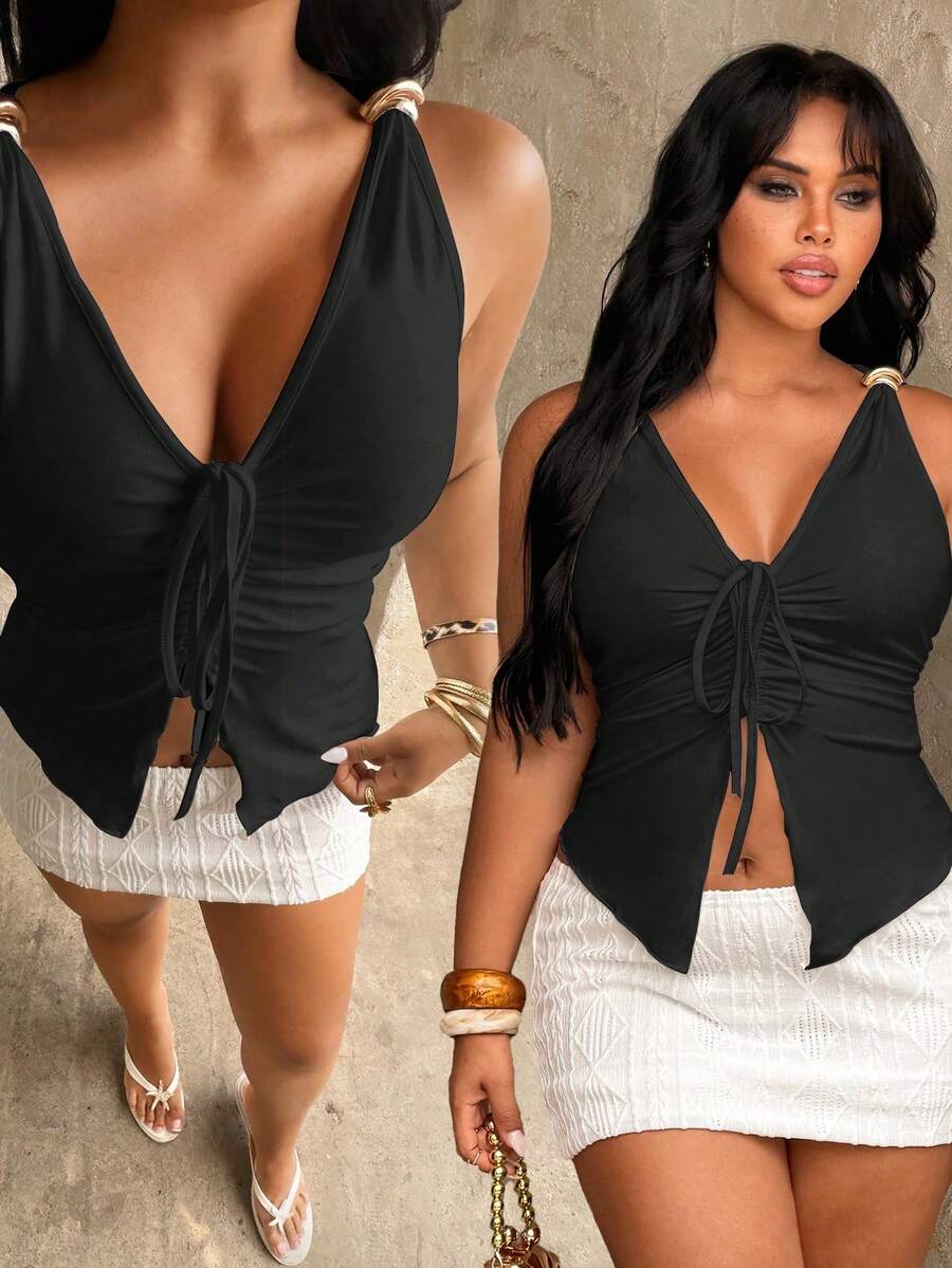 Rustia Top de tirantes ajustado con fruncido y cordón para anudar, estilo elegante francés, para mujer talla grande - Negro - Ver 1