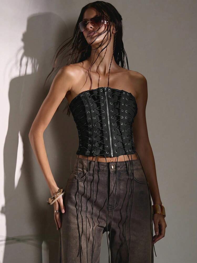 トップス herness corset MUSERA PU Zip Front Lace Up Fitted Corset Top Cute Country Western