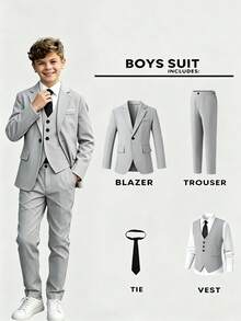 4-Piece Boys Light Grey Suit Jacket Vest Tie Trousers, Gentleman Formal Outfit For Performance, Wedding, Graduation, Birthday Party, Autumn - Light Grey - View 4