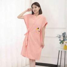 Women Thickened Coral Fleece Bath Robe, Cross Tie Long Sleeve Bath Dress, Soft Loungewear Robe With Towel For Bathroom Bedroom Living Room - Multicolor - View 10