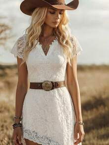 SHEIN LUNE White Elegant Notched Collar Contrast Lace Asymmetric Hem Dress White Lace Irregular Midi Dress - White - View 7