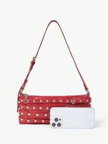 Viva Strut Ladies Bag, Hot Girl, Sweet Cool Girl, Y2Y, Punk, Rivet Decoration, Gas Eye Decoration, Red, Shoulder Square Bag, Zipper Opening And Closing, Suitable For Daily Commuting, Shopping, Travel - Red - View 4