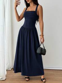 SHEIN PETITE Women's Elegant Solid Color Navy Blue Square Collar Flared Dress, Spring/Summer Date Night - Navy Blue - View 8