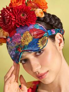 Frida Kahlo X SHEIN 1 Pc Floral Printed Eye Mask, Made Of Smooth Satin Fabric With High Opacity, Luxurious And Fashionable Design,Summer Outfits, Spring Outfits,Beach, Vacation, Flower - Green - View 1
