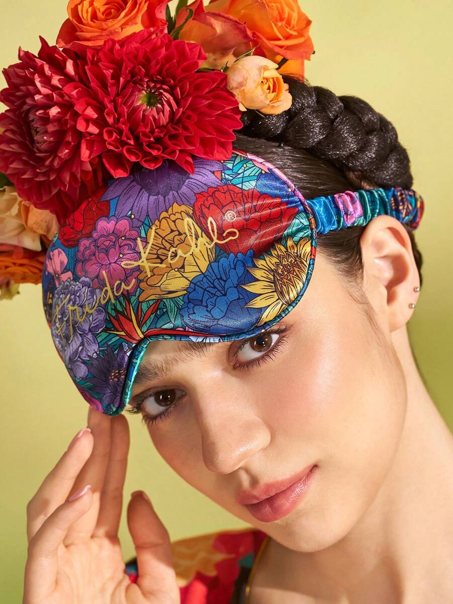 Frida Kahlo X SHEIN 1 Pc Floral Printed Eye Mask, Made Of Smooth Satin Fabric With High Opacity, Luxurious And Fashionable Design,Summer Outfits, Spring Outfits,Beach, Vacation, Flower - Green - View 1