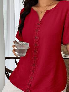Weeklong Plus Size Women's Spring/Summer Vacation Floral Patchwork Ruffle Trim Loose Short Sleeve Top - Red - View 7