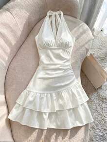 Franclia Women's Solid Color Tie-Up Short Dress Wedding Party Night Out White Summer Elegant Sexy - Beige - View 7