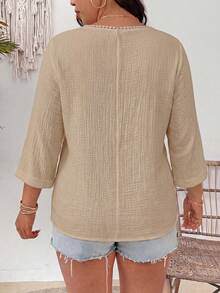 GlowEve CURVE Plus Size Versatile Linen Textured V-Neck Floral Blouse - Khaki - View 2