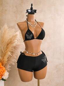 Swim Mod Conjunto de 3 piezas de bikini para mujer con top triangular y braguita triangular, nuevo, negro, con patrón de mariposa y pedrería - Negro - Ver 7