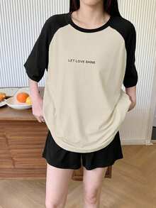 DAZY 女款字母印花插肩袖寬鬆短袖兩件式居家服套裝 夏季睡衣 - 米色 - 查看 4