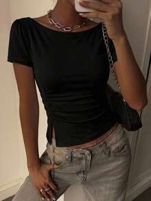 DAZY Women's Solid Color Short Sleeve Ruched Side Split Bodycon Waist T-Shirt Top School Off The Shoulder Tops - Black - View 9