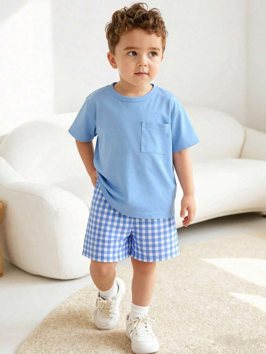 Playful Pals 2件組 幼童男童夏季圓領落肩短袖上衣與條紋印花短褲,適合外出、戶外玩耍、休閒日常穿著 - 藍色 - 查看 1