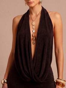 Silquee Stylish And Sexy Black Deep V-Neck Backless Jumpsuit, Stretch Knit Tight-Fitting Short Solid Color Sleeveless Halter Neck Draped Jumpsuit, Club Night - Brown - View 3