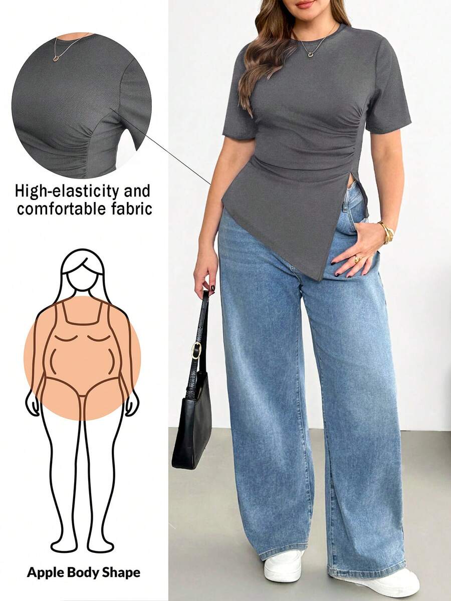 Shapeblank 大尺碼女款休閒抓皺不對稱下擺灰色短袖T恤,夏季外出正式上衣 - 灰色 - 查看 1