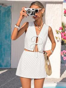 Vivid Eden Women's Polka Dot Print Tie Waist Vest & Denim Skirt Set Beach Set Vacation Outfits Women Casual Set Country Concert Outfit Polka Dot Set White Set - Medium Wash - View 6