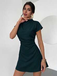 Aloruh Elegant Ruched Waist A-Line Mini Dress For Commuting, Summer,Summer Dresses For Women - Navy Blue - View 6