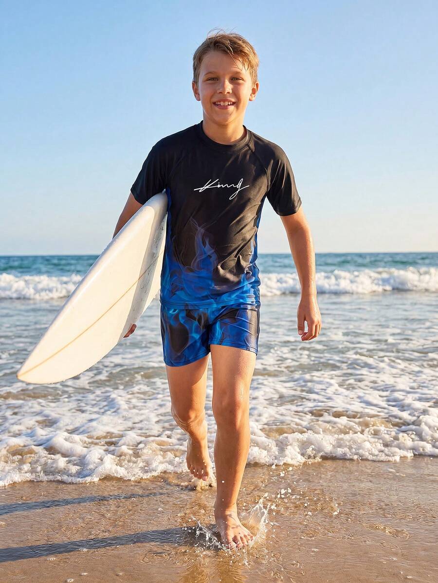 SHEIN Tween Boy Casual Minimalist Round Neck Short Sleeve Swimsuit Set, Suitable For Summer