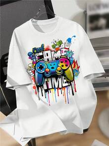 SHEIN Kids Tween Boy Casual Minimalist Game Console Graphic Short Sleeve White Crew Neck T-Shirt, Cotton Blend, Suitable For Summer - White - View 1