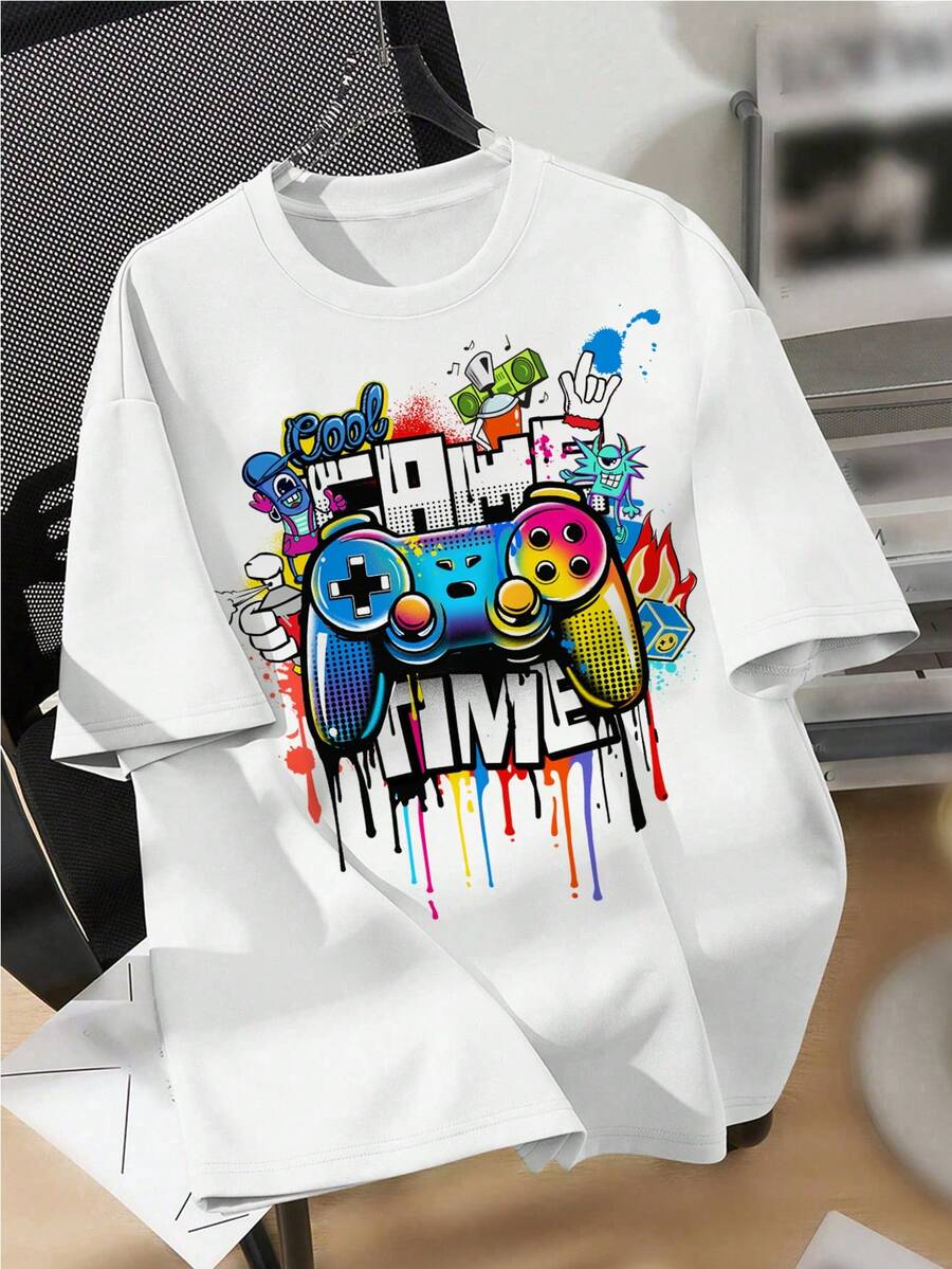 SHEIN Kids Tween Boy Casual Minimalist Game Console Graphic Short Sleeve White Crew Neck T-Shirt, Cotton Blend, Suitable For Summer - White - View 1