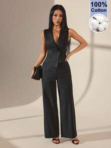 SHEIN PETITE 兩件式夏季套裝 2件/組 女款純色無袖上衣與長褲 辦公穿著 黑色優雅 小碼女款 - 黑色 - 查看 5