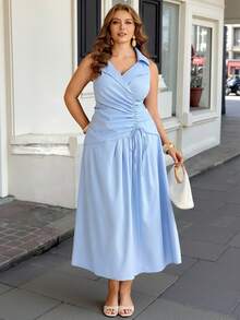 Vionelle Women's Light Blue Summer Elegant Wedding Brunch Guest Maxi Dress,French Lace Striped Sleeveless Deep Shirred Drawstring Ruched Waist A-Line Dress - Blue - View 4