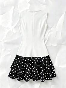 SHEIN Franclia Women's Asymmetrical Hem Polka Dot Ruffle Patchwork Sleeveless Dress - White - View 3