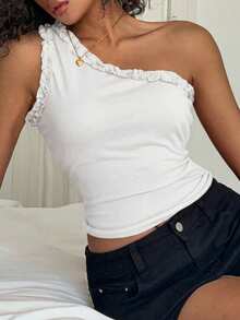 Livesso Women's Solid Color One-Shoulder Casual Versatile Daily Wear Top - White - View 4