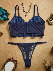 PinupPomp 2pcs/Set Women's White Romantic Long Bra Lingerie Set - Navy Blue - View 2